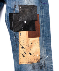 Leather Patchwork Denim Pants - INDIGO