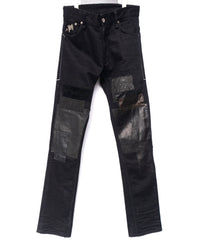 Leather Patchwork Denim Pants - BLACK