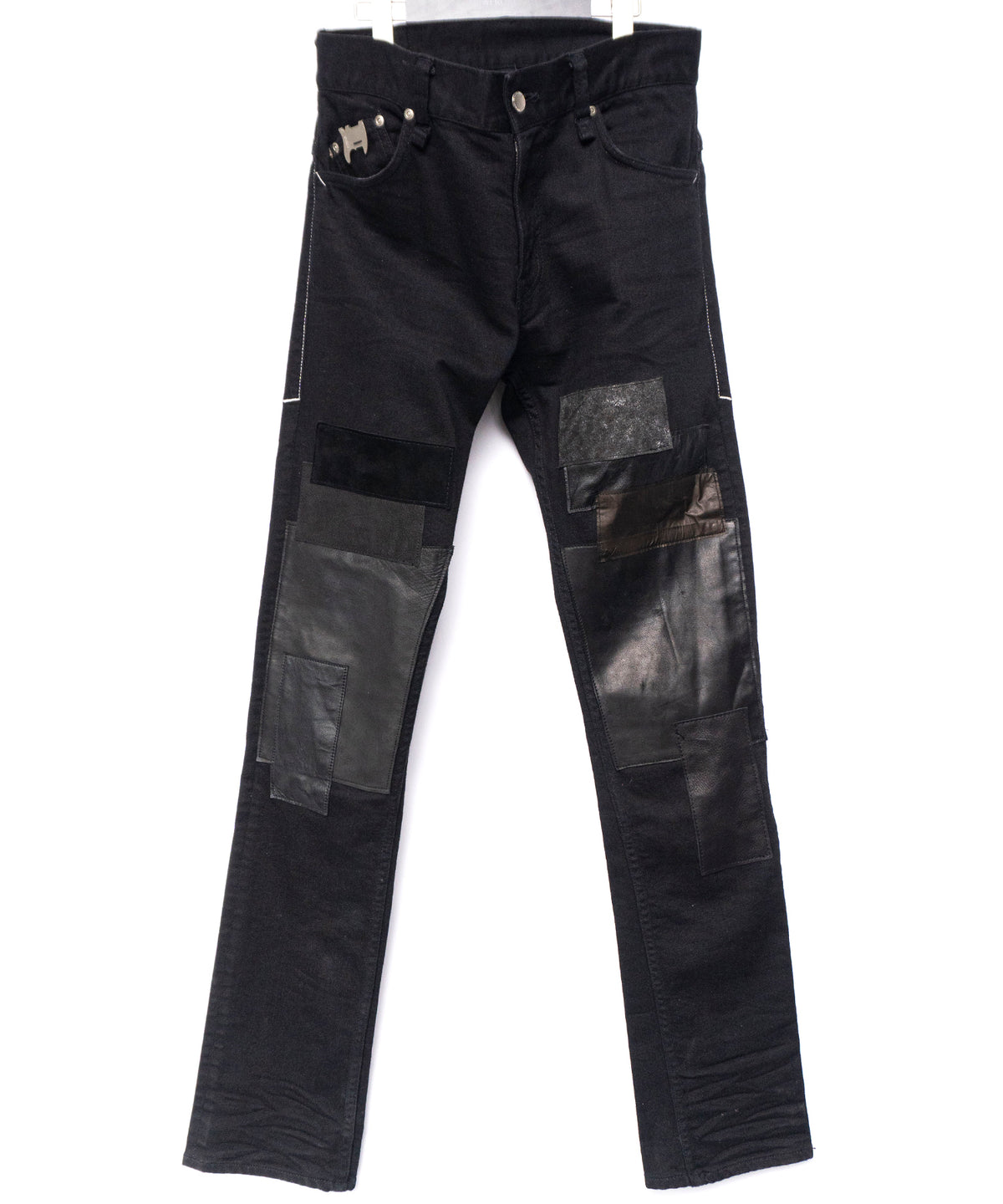 Leather Patchwork Denim Pants - BLACK