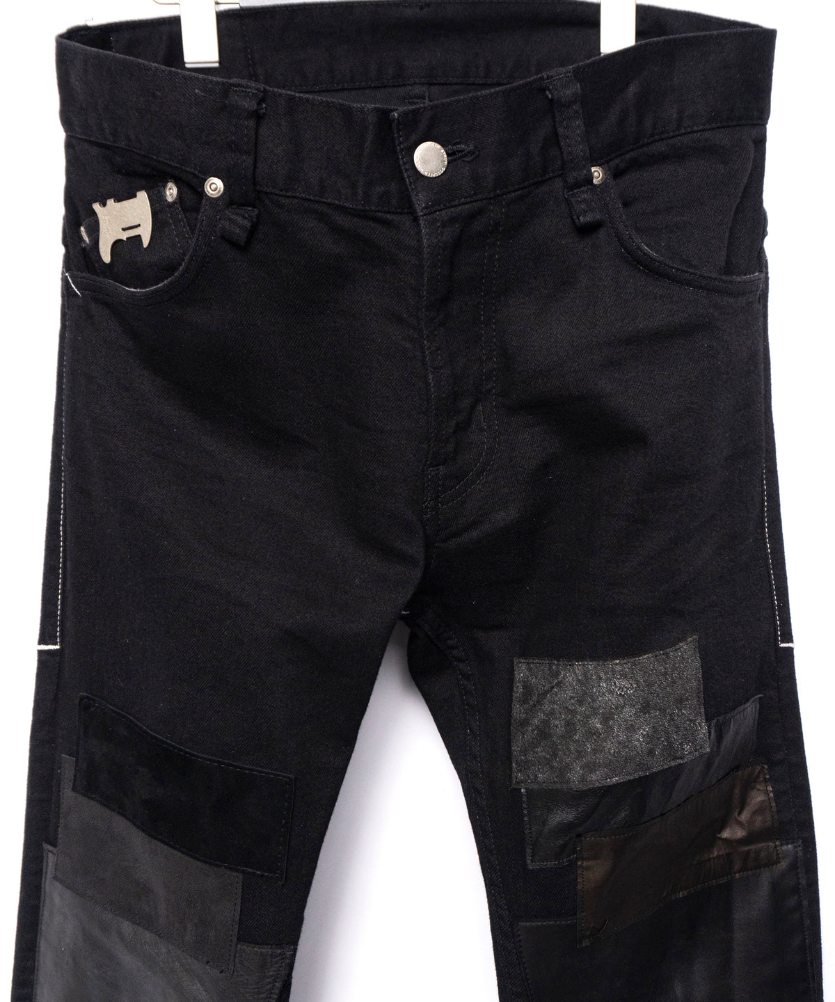 Leather Patchwork Denim Pants - BLACK