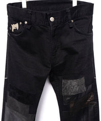 Leather Patchwork Denim Pants - BLACK
