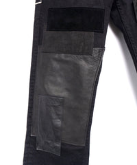 Leather Patchwork Denim Pants - BLACK