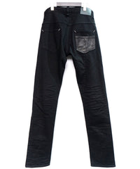 Leather Patchwork Denim Pants - BLACK