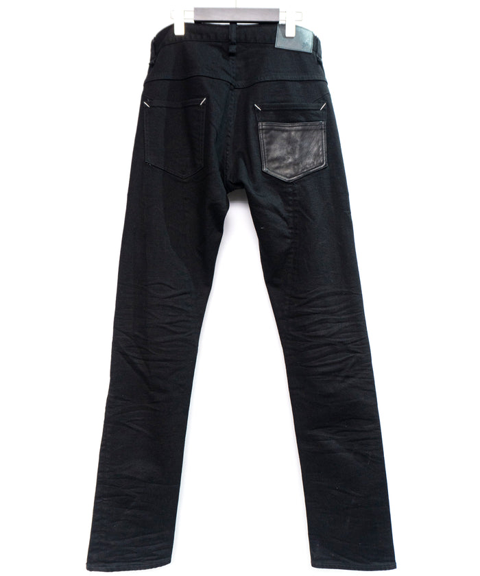 【直営限定】レザーパッチワーク デニムパンツ - BLACK
