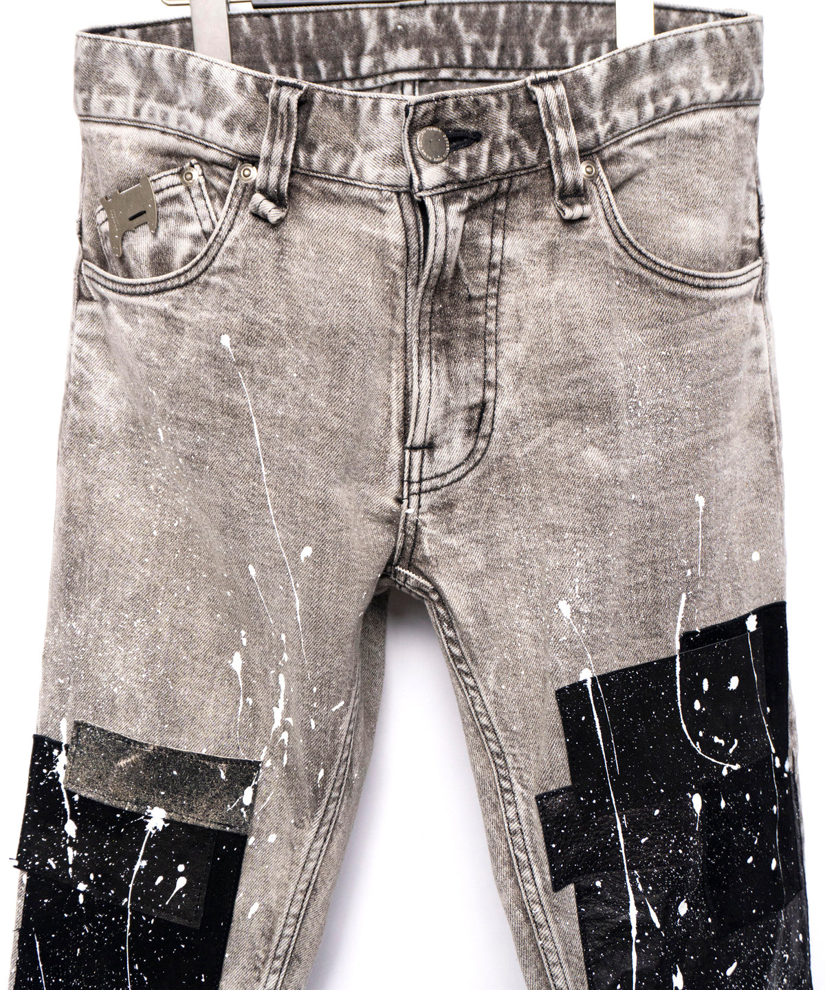 Leather patchwork denim pants - WHITE