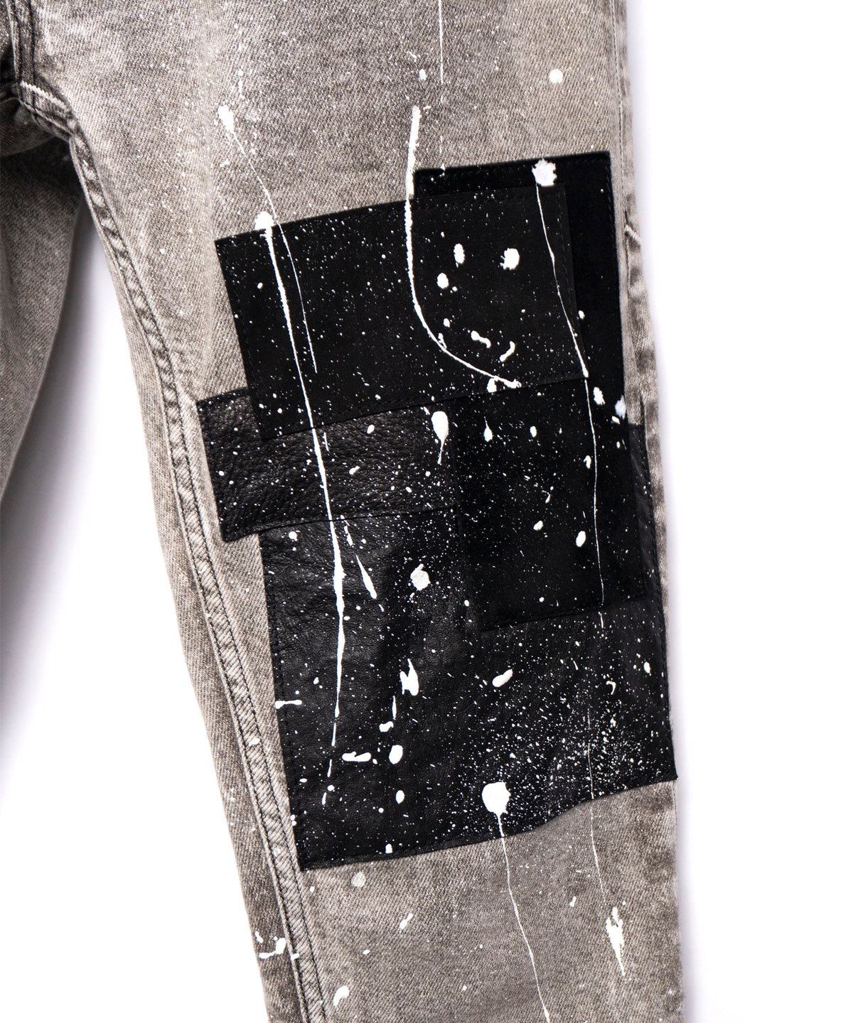 Leather patchwork denim pants - WHITE