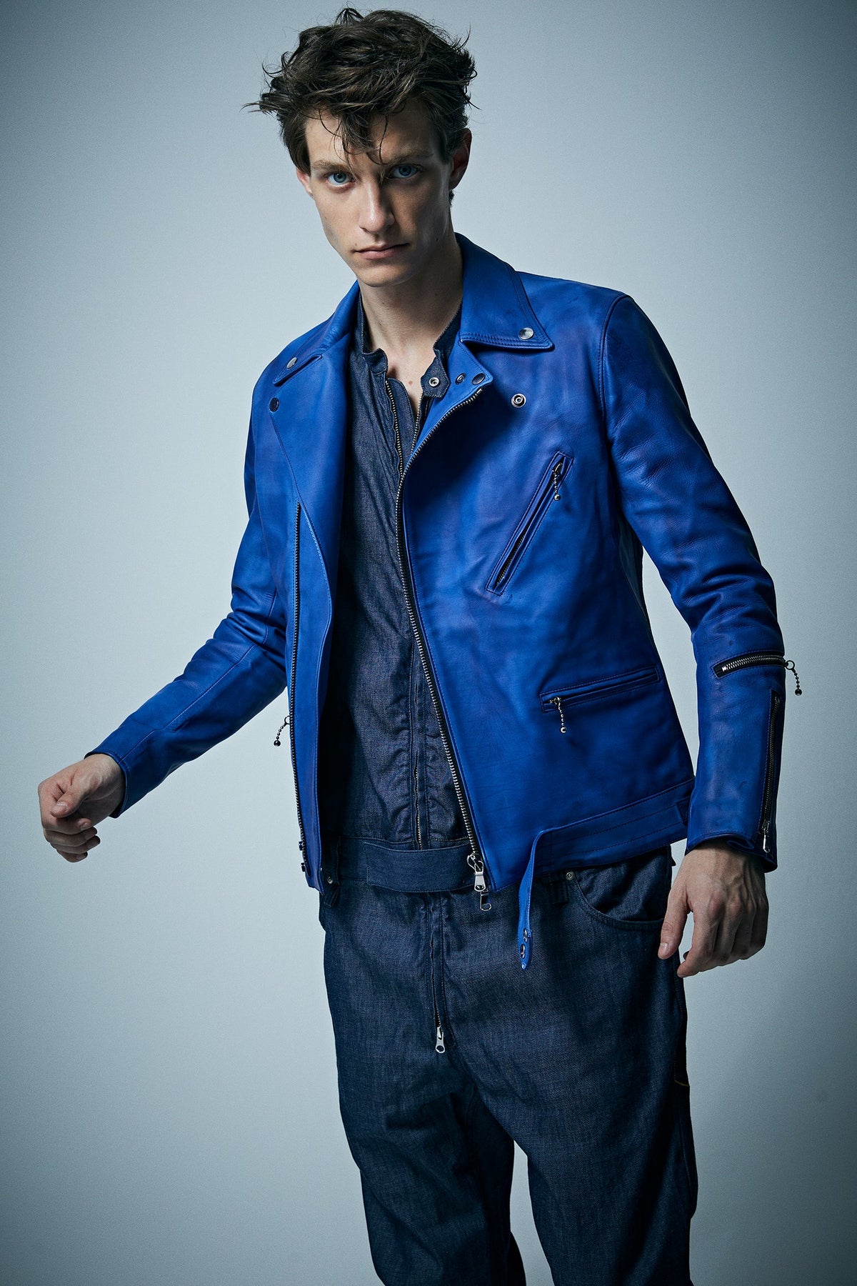 フルタンニン鞣し ジャパンカーフスキン Burning dyed - 燃焼製品染め SPEEDER ダブルライダースジャケット - ROYAL BLUE