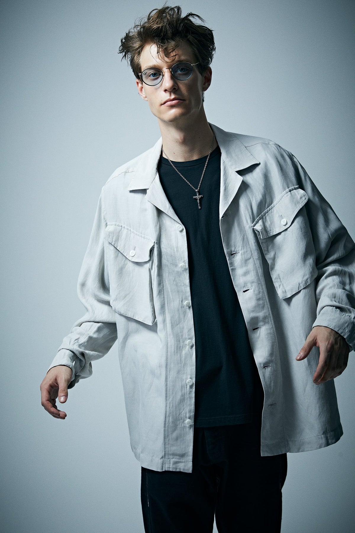 Washer Dyed Rayon&Linen Cloth Military Shirts Blouson - ASH