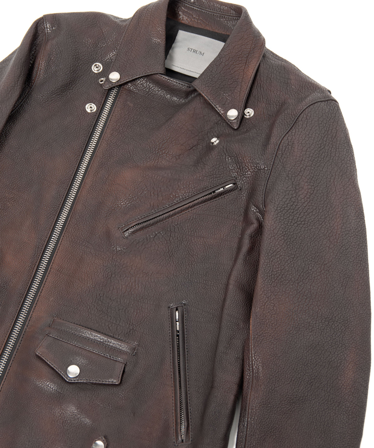 フルベジタブルタンニン鞣し イタリアン シュリンク ダブルショルダー 燃焼製品染め Burning Dyed  M.JOEY ダブルライダースジャケット - NIGHTFALL BLACK