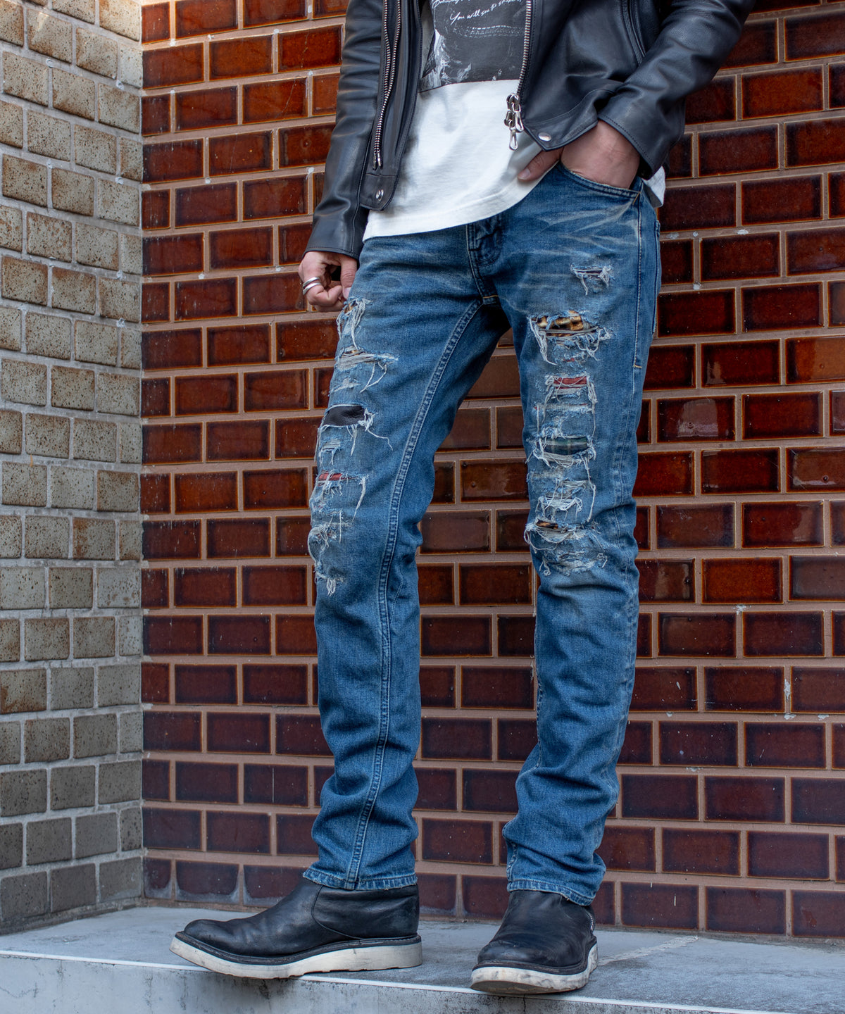[Limited] 12.5oz Organic Cotton Stretch Denim TIGHT JOE Tight Straight Crushed & Repaired Custom - INDIGO