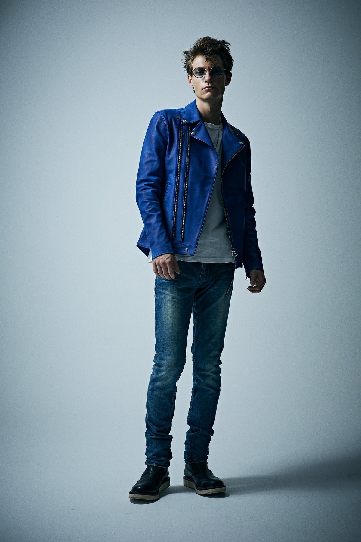 フルタンニン鞣し ジャパンカーフスキン Burning dyed - 燃焼製品染め RAVEN ダブルライダースジャケット - ROYAL BLUE