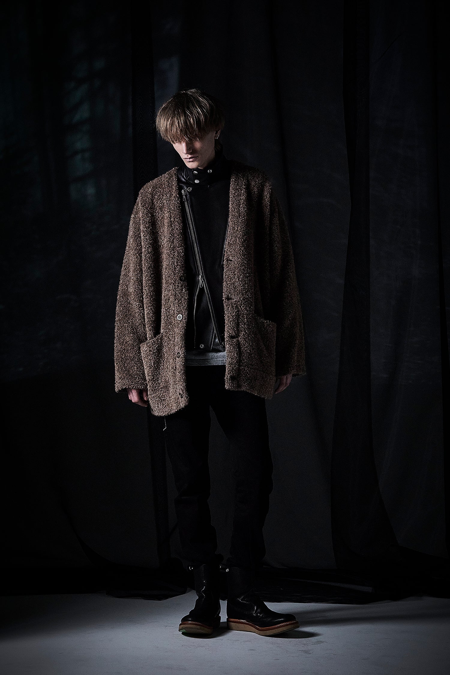 アルパカ ナイロン ドビー シャギー加工 ミドルカーディガン - BROWN