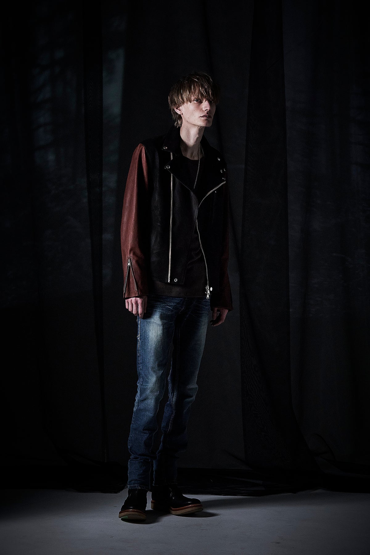 ハイブリッド鞣し イタリアン キャメル ヌバック BIRD MAN ダブルライダースジャケット - BLACK × BROWN