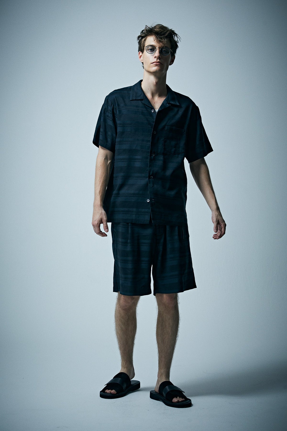 Rayon Cotton Ramie Stripe Cloth Open Collar Shirt - BLACK