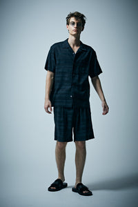 Rayon Cotton Ramie Stripe Cloth Open Collar Shirt - BLACK