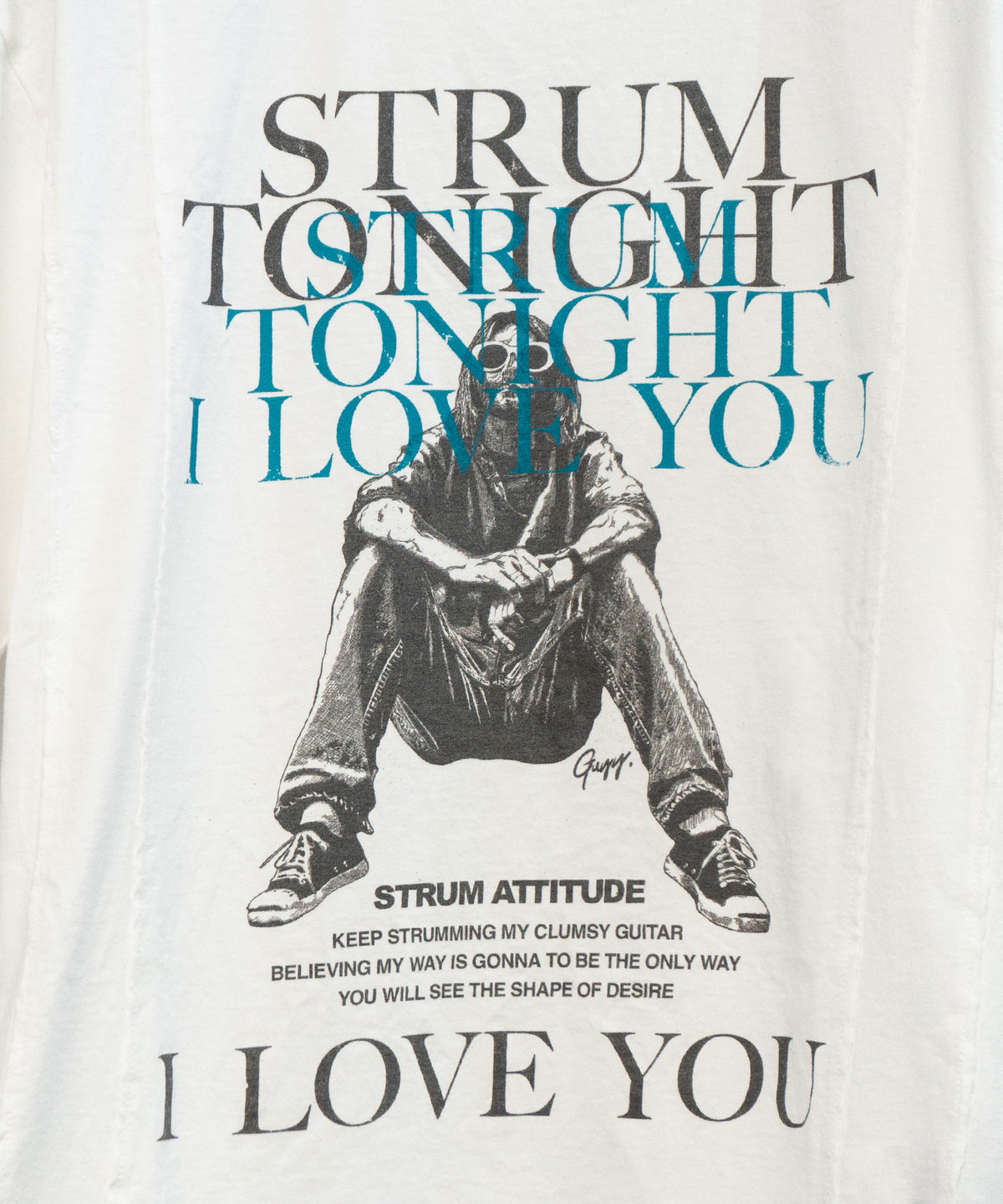 Natural Soft Cotton『I LOVE YOU 』Zombie Custom Wide T-shirt (Oversize) - WHITE x TURQUOISE