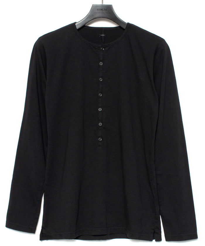 30/-ナチュラルソフト天竺 ロングスリーブ ヘンリーネック Tシャツ - BLACK