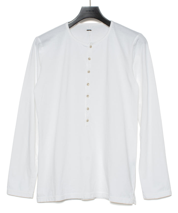 30/-ナチュラルソフト天竺 ロングスリーブ ヘンリーネック Tシャツ - WHITE