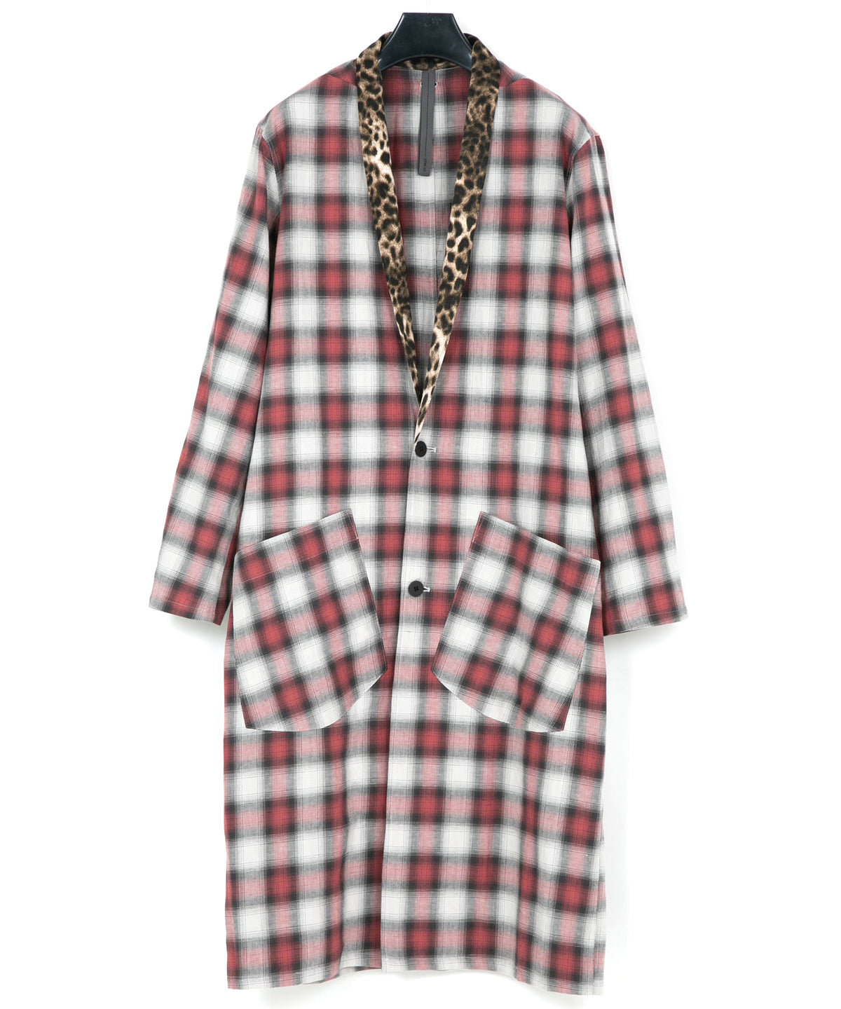 コットン リネン ラミー オンブレチェック ツイール & ポリエステルレオパードサテン ロングガウン - RED CHECK×LEOPARD