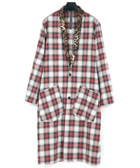 コットン リネン ラミー オンブレチェック ツイール & ポリエステルレオパードサテン ロングガウン - RED CHECK×LEOPARD