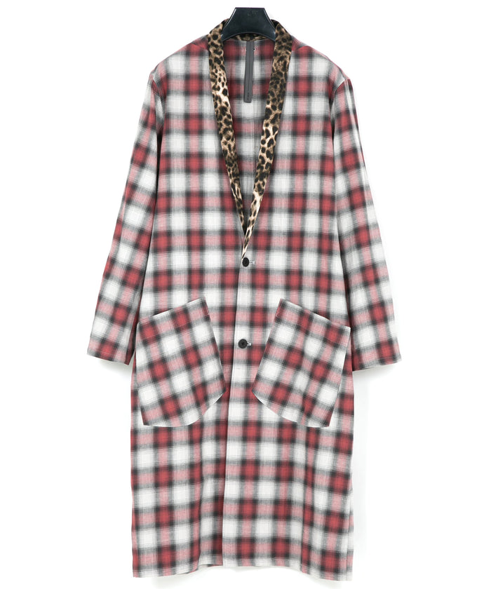 コットン リネン ラミー オンブレチェック ツイール & ポリエステルレオパードサテン ロングガウン - RED CHECK×LEOPARD