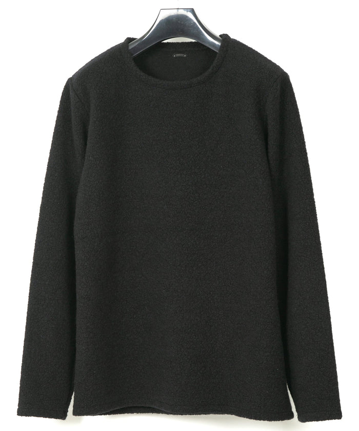 リサイクル ウール テディーフリース クルーネック ロングスリーブ T シャツ - BLACK