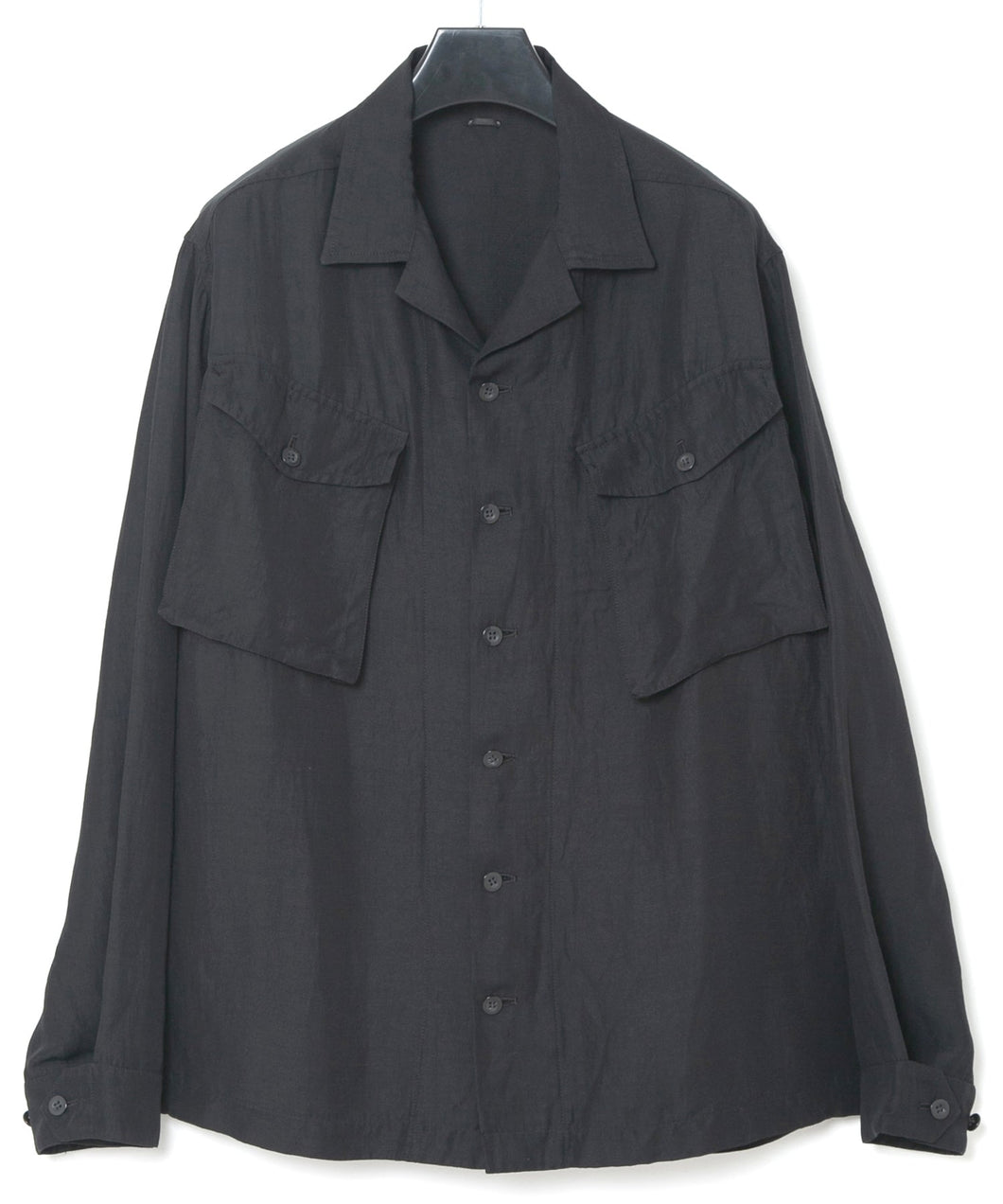 Washer Dyed Rayon&Linen Cloth Military Shirts Blouson - BLACK