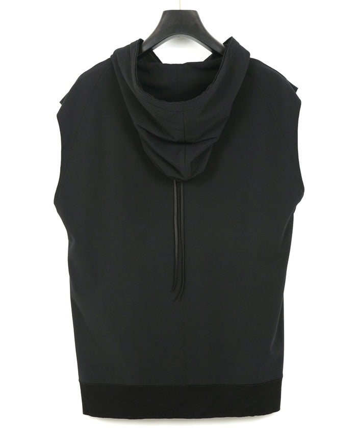 コットンナイロン ストレッチ ジャージ ノースリーブ フーディー - BLACK