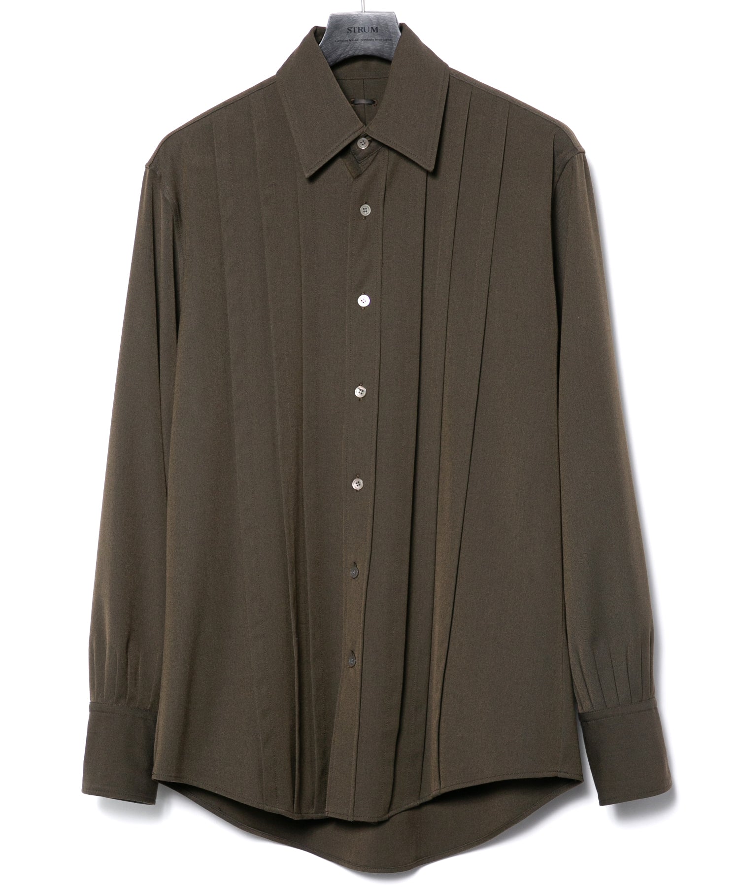 ポリエステル レーヨン ストレッチ ツイール プリーツシャツ - KHAKI