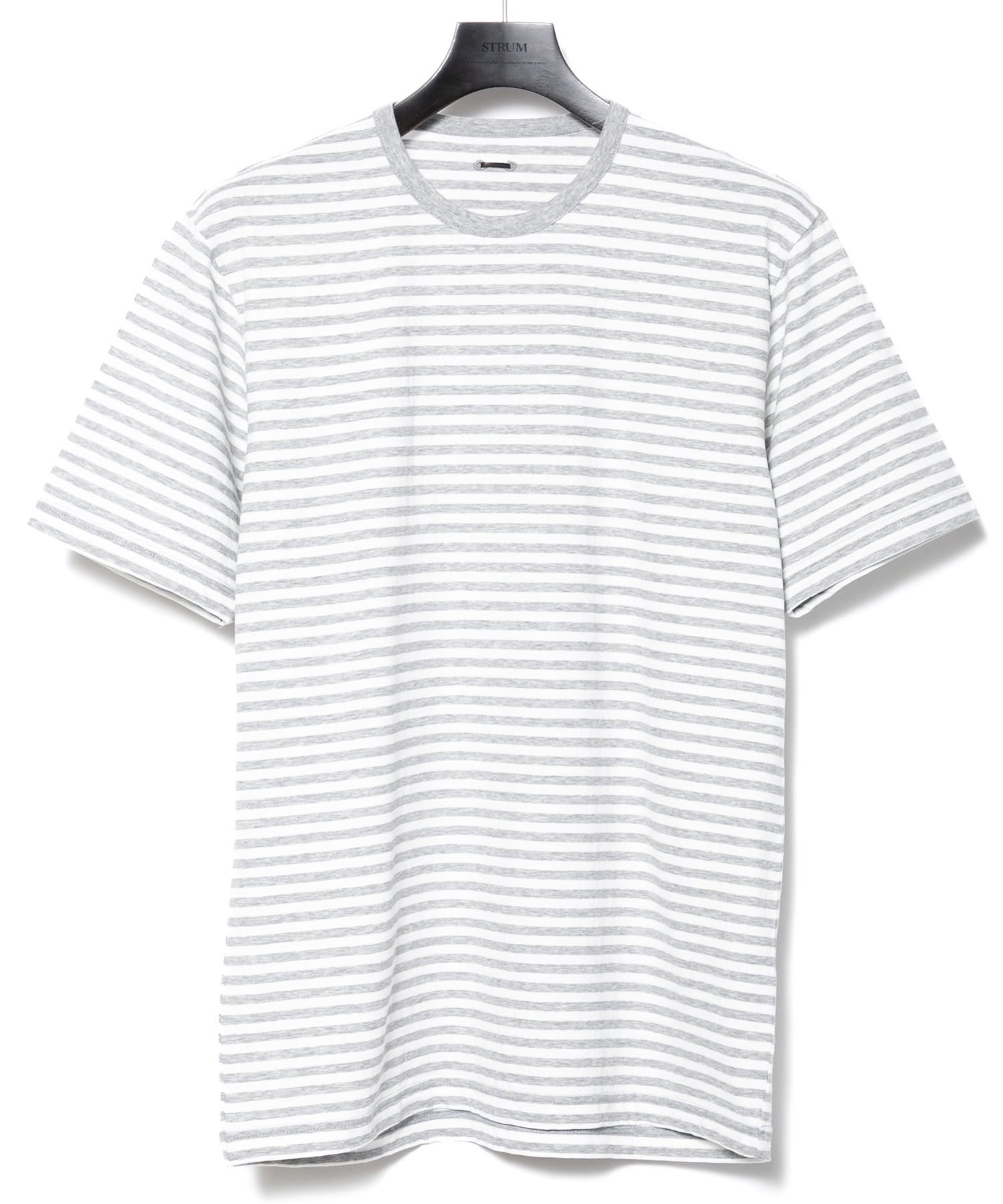 画像をギャラリービューアに読み込む, ボーダー強撚天竺 プリント クルーネック Tシャツ（ジャストフィット） - GRAY × WHITE