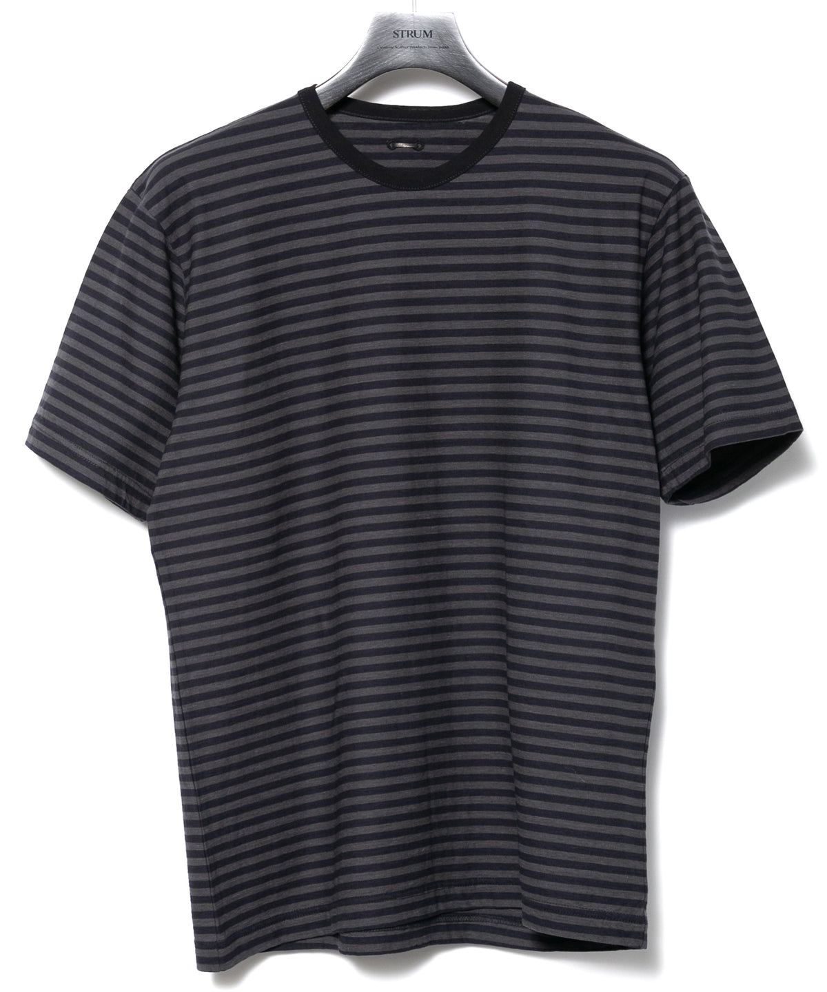 High Twisted Yarn Cotton Single Jersey Stripes Crew Neck T-shirt  (Just Fit) - BLACK × GRAY