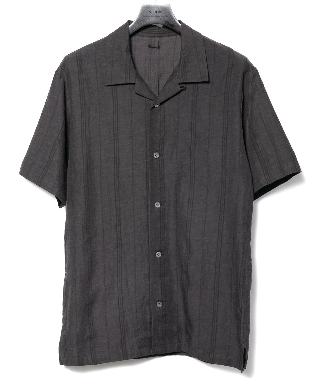 レーヨン コットン リネン ストライプ 半袖 開襟シャツ - GRAY