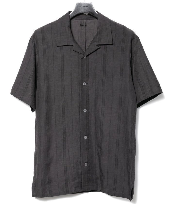 レーヨン コットン リネン ストライプ 半袖 開襟シャツ - GRAY