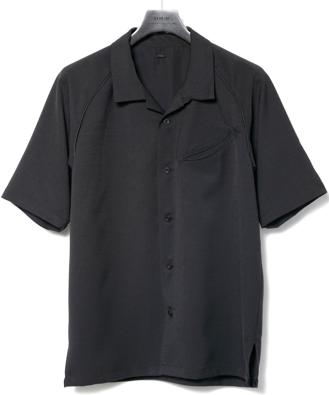 ポリエステル ストレッチ ツイル 半袖 ボーリングシャツ  - BLACK
