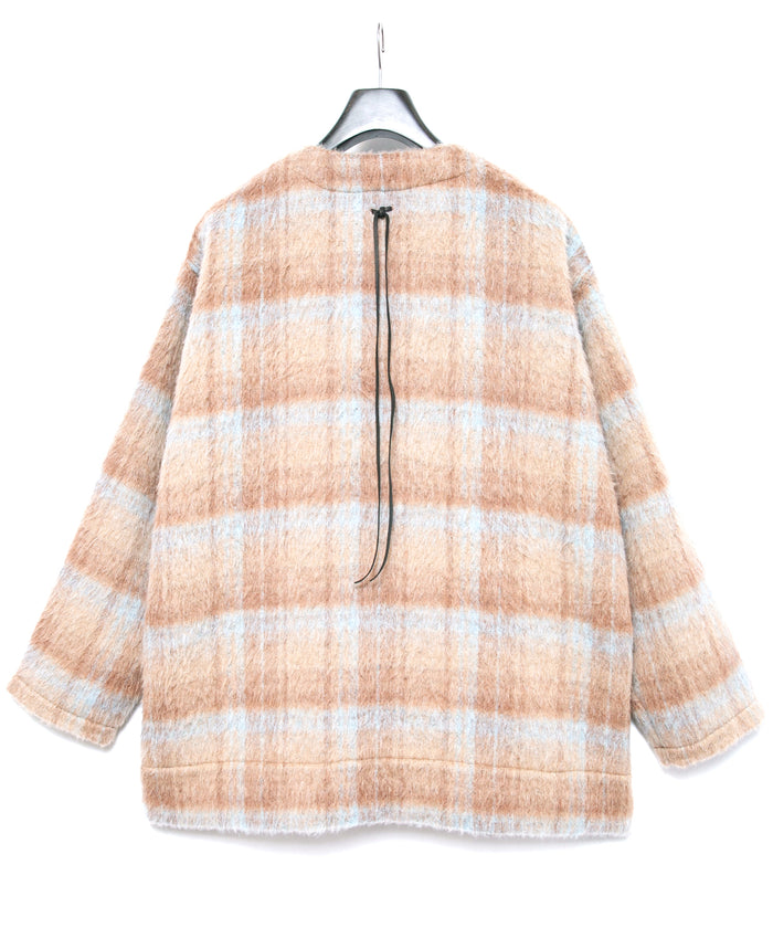 アルパカ混ウール シャギー チェック ミドル カーディガン - BEIGE