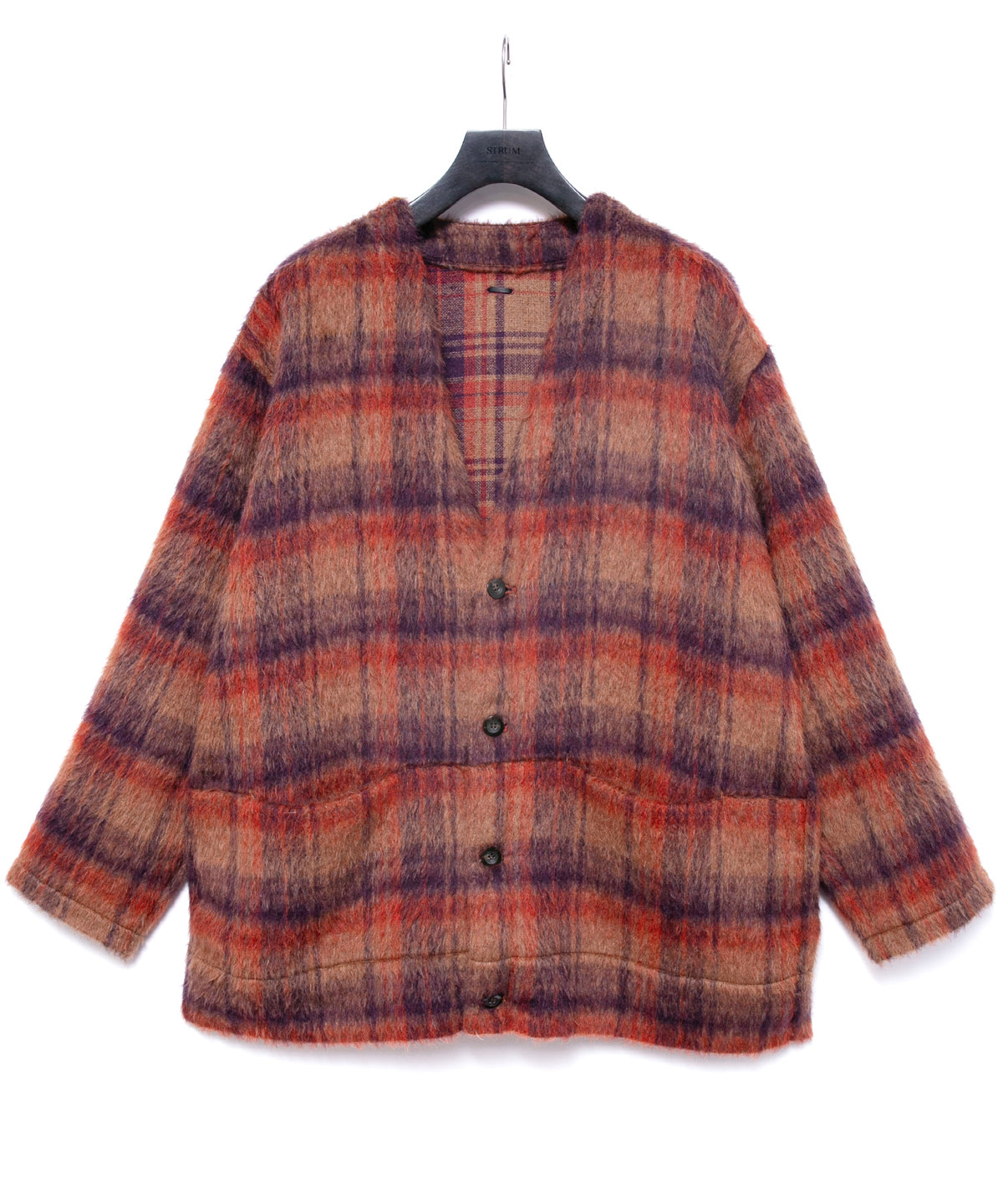 アルパカ混ウール シャギー チェック ミドル カーディガン - BROWN