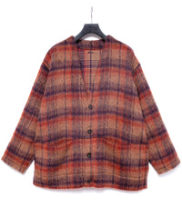 アルパカ混ウール シャギー チェック ミドル カーディガン - BROWN