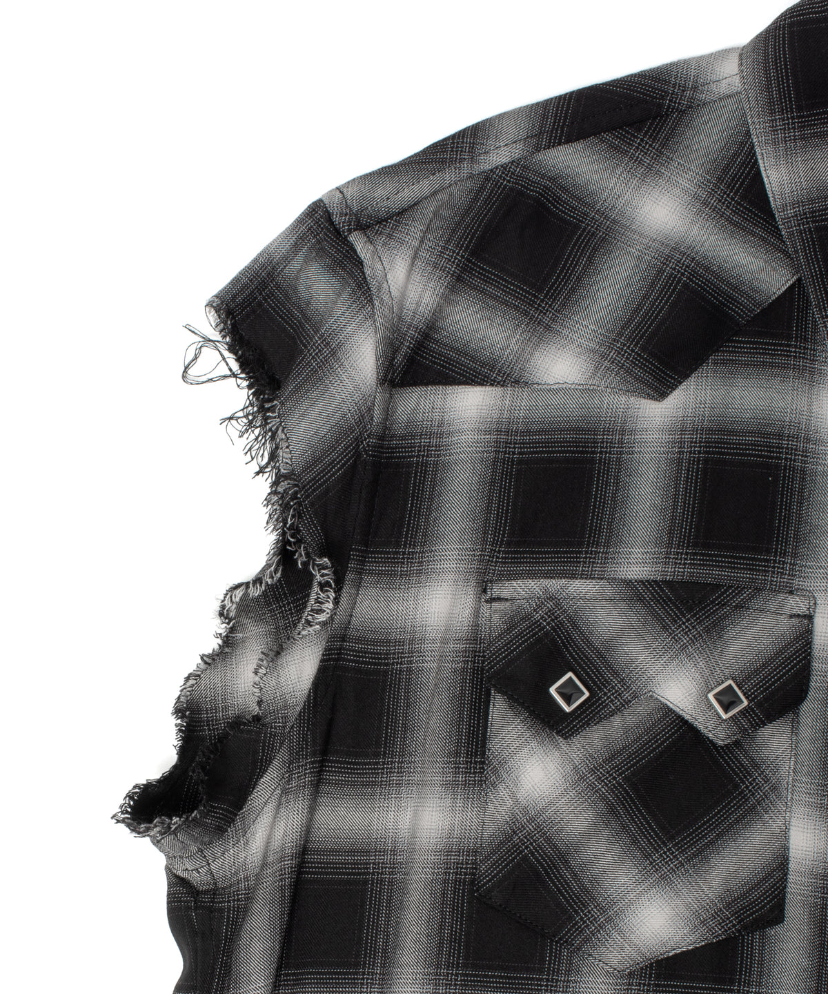 レーヨン ツイル オンブレーチェック カットオフ シャツ - BLACK
