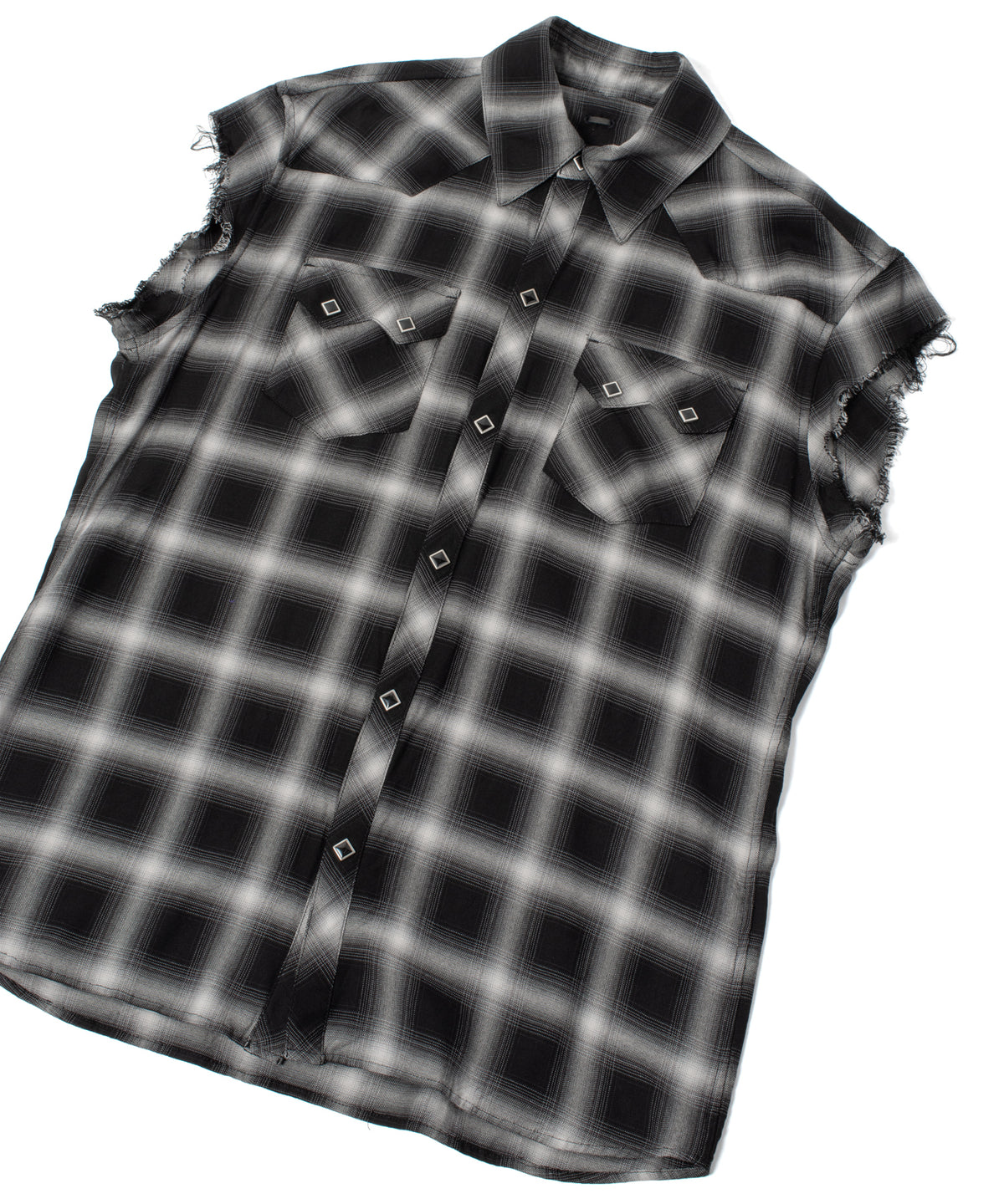レーヨン ツイル オンブレーチェック カットオフ シャツ - BLACK
