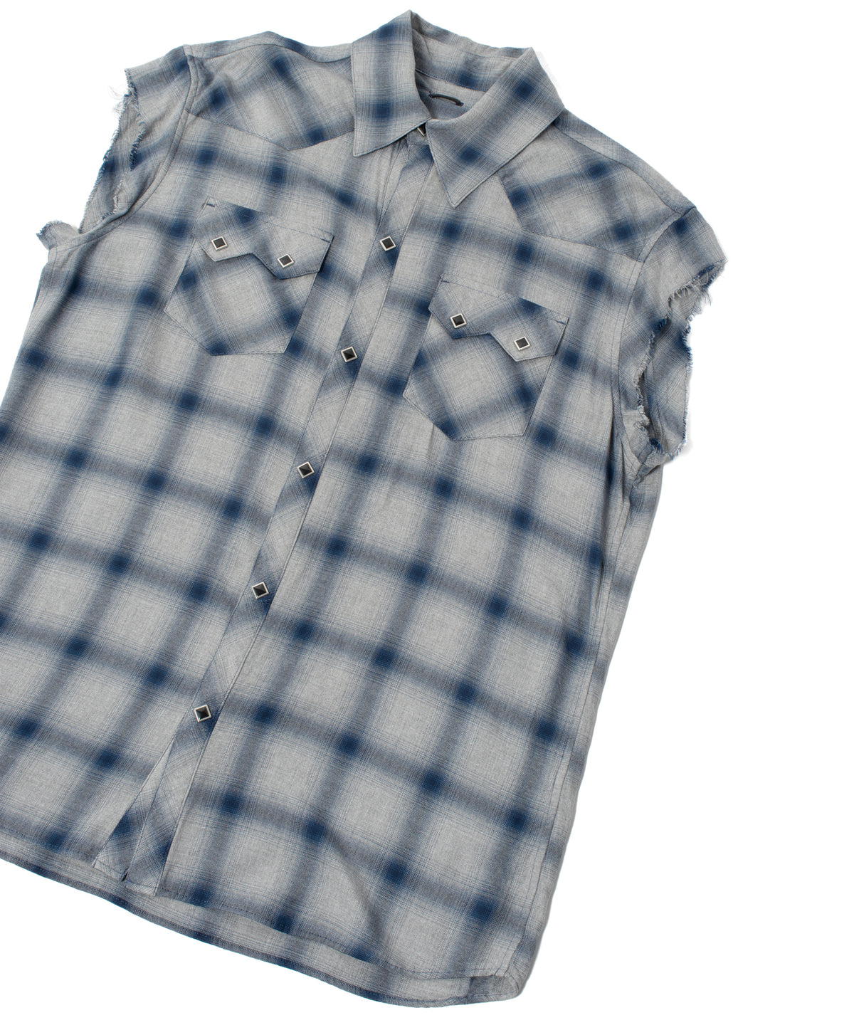 レーヨン ツイル オンブレーチェック カットオフ シャツ - BLUE