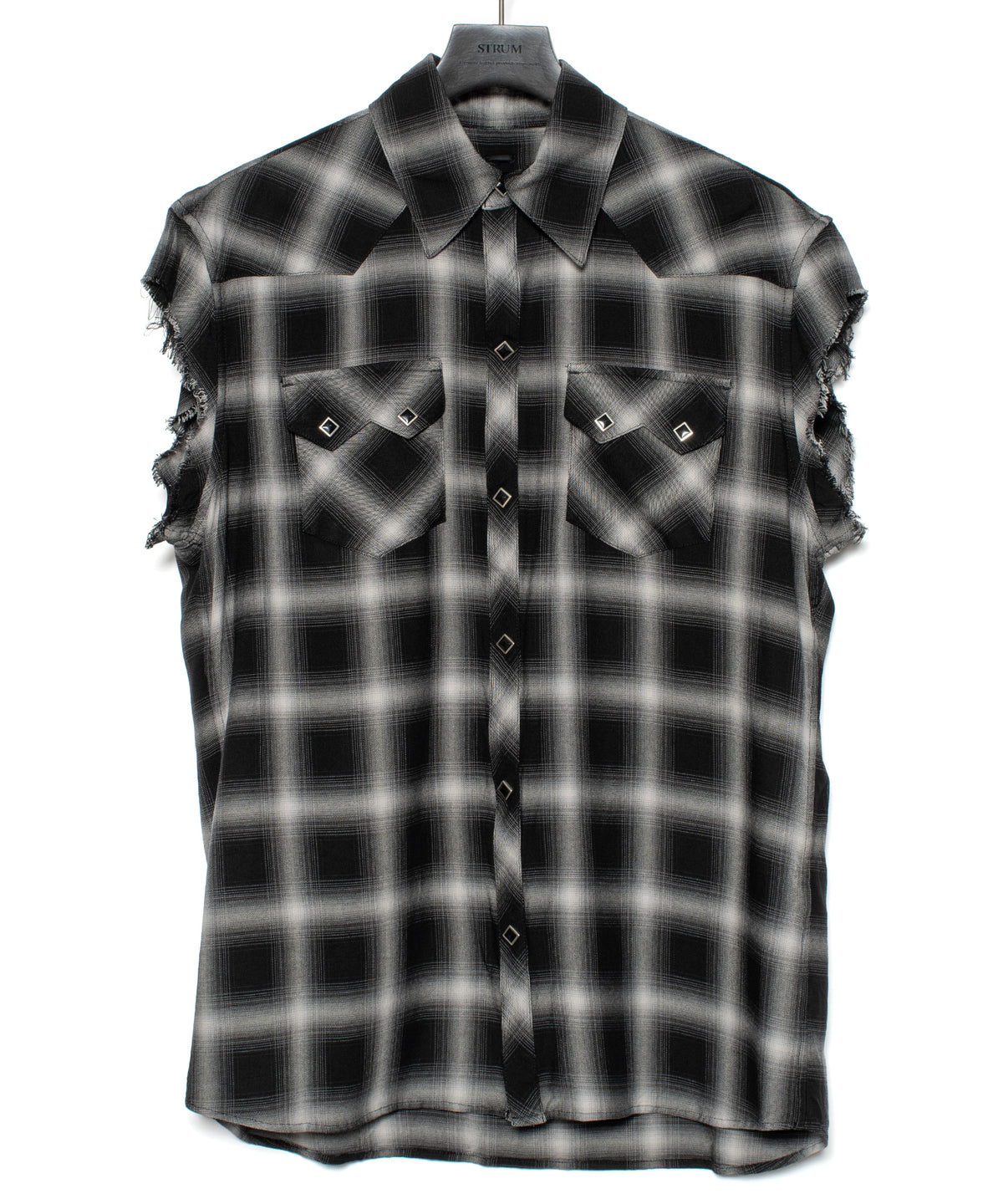 レーヨン ツイル オンブレーチェック カットオフ シャツ - BLACK