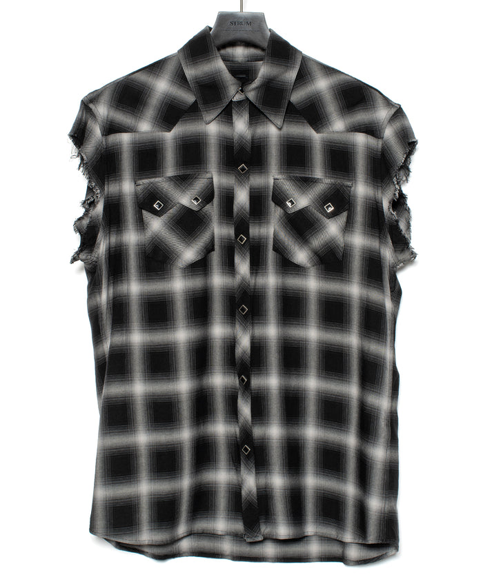 レーヨン ツイル オンブレーチェック カットオフ シャツ - BLACK