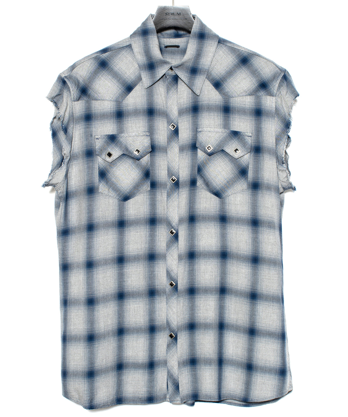 レーヨン ツイル オンブレーチェック カットオフ シャツ - BLUE