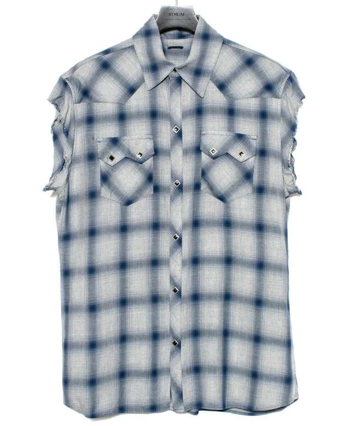 レーヨン ツイル オンブレーチェック カットオフ シャツ - BLUE