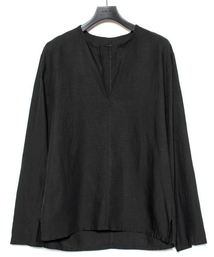 レーヨン リネン トロピカル ウォッシュ タンブラー仕上げ L/S スキッパーシャツ  - BLACK