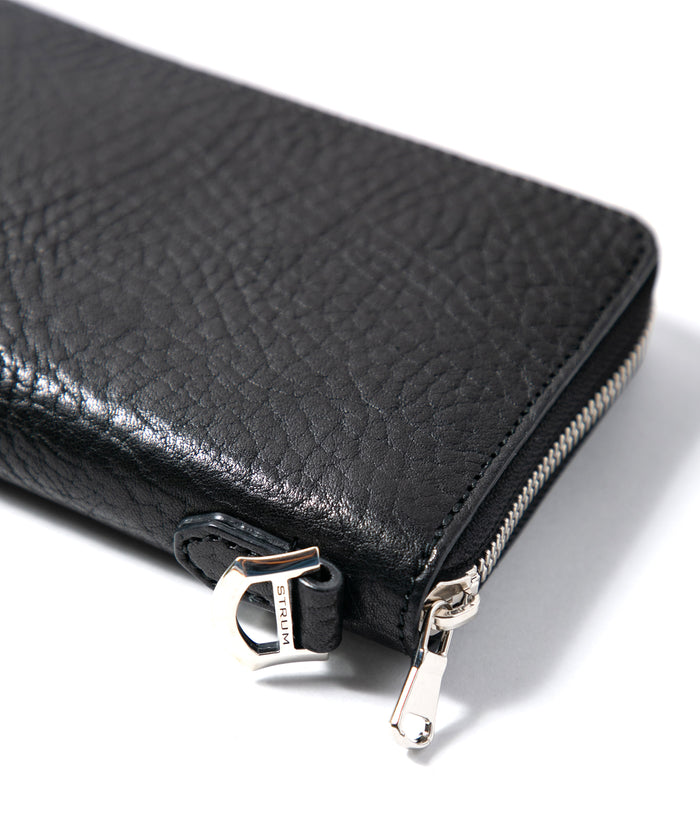 フルタンニン ピット鞣し シュリンク ステアハイド ラウンドウォレット - BLACK