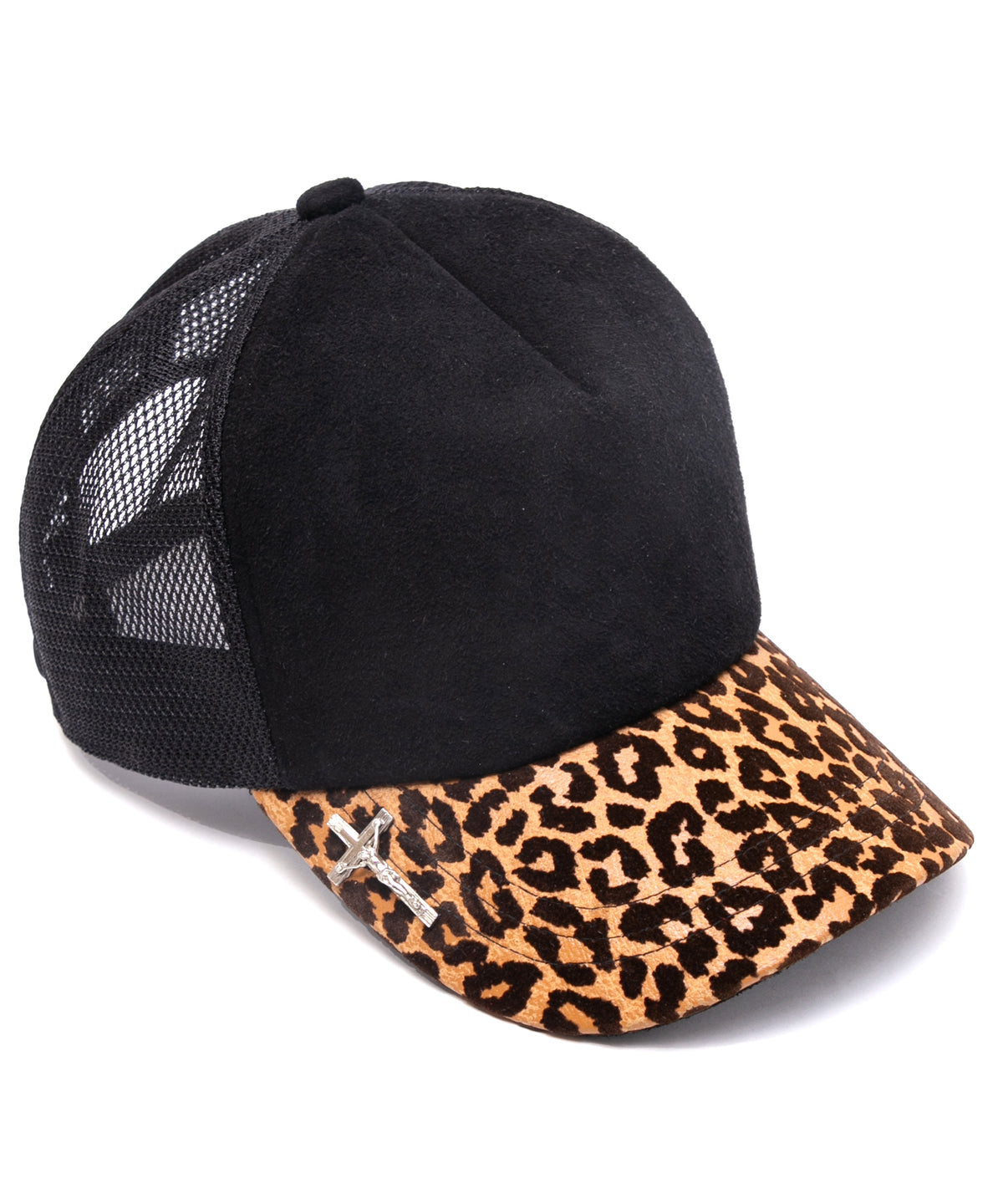 ディア スエード × 豹柄フロッキープリント ピッグ スエード レザーキャップ - BLACK × LEOPARD
