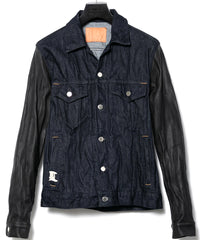 14oz Deep Blue Heavy Selvedge Denim BLITZ Leather Sleeve Jean Jacket - INDIGO