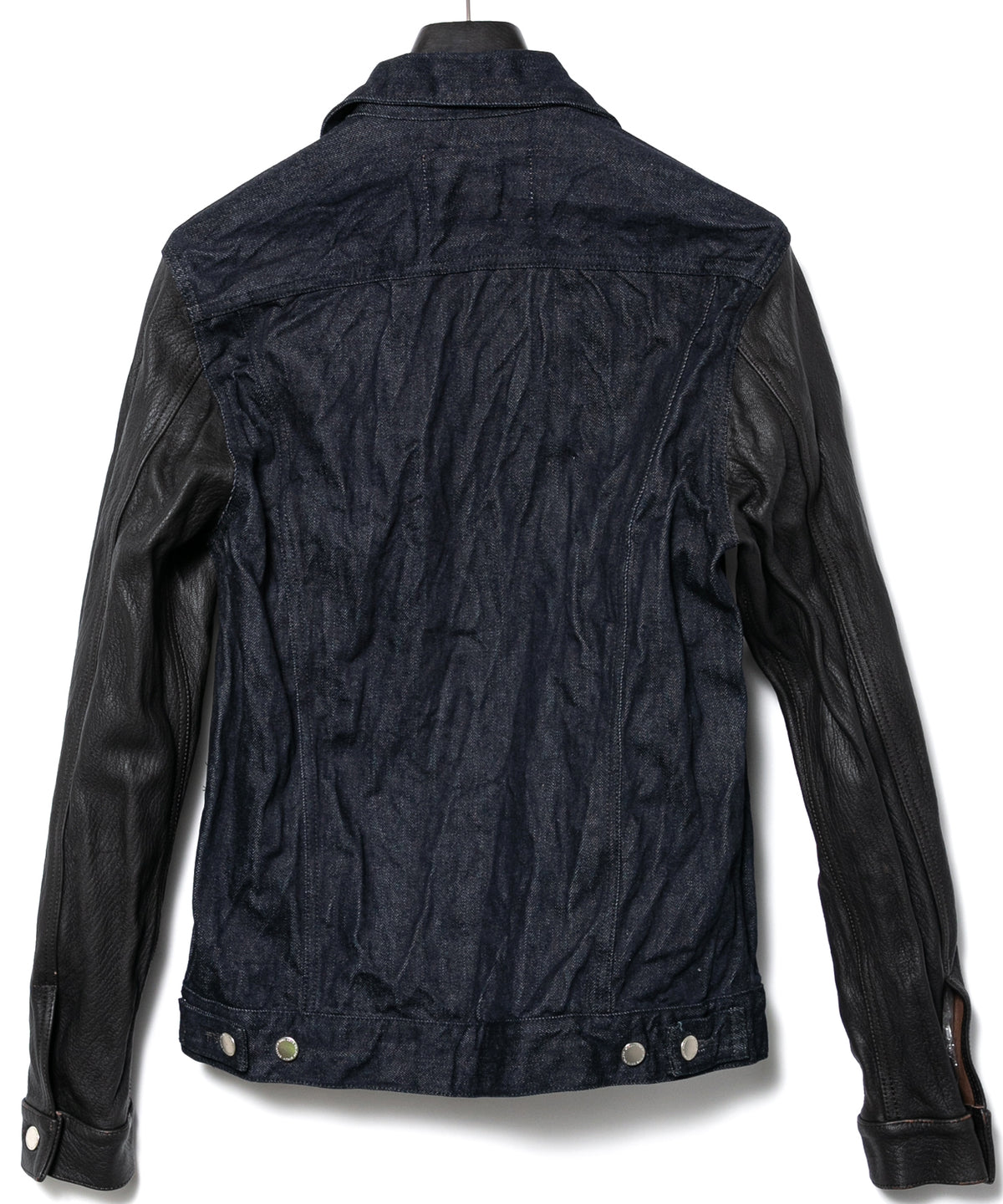 14oz Deep Blue Heavy Selvedge Denim BLITZ Leather Sleeve Jean Jacket - INDIGO