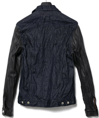 14oz Deep Blue Heavy Selvedge Denim BLITZ Leather Sleeve Jean Jacket - INDIGO
